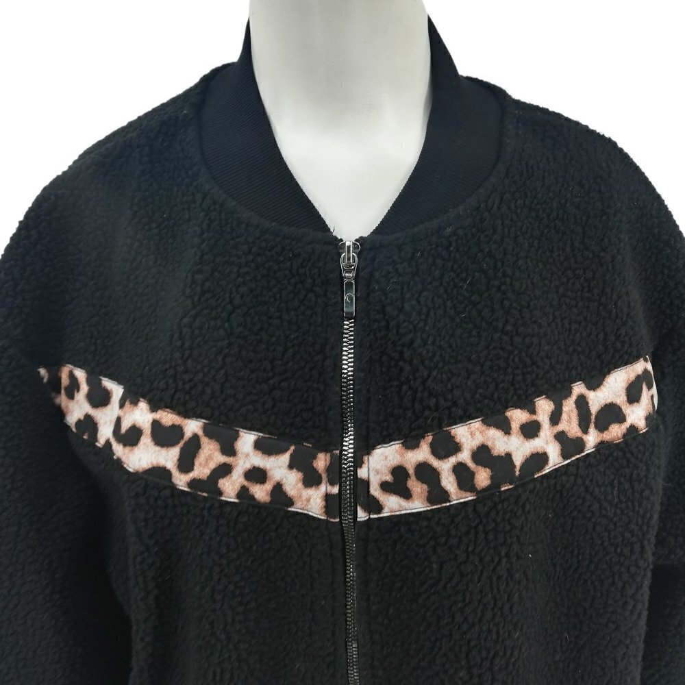 Zyia Active Leopard Flying V Teddy Bear Fleece Jacket Size  L Black Bomber Zip - Picture 7 of 14